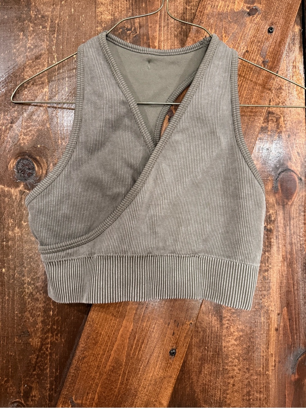 Fabletics Olive Ribbed Crossover Sports Bra